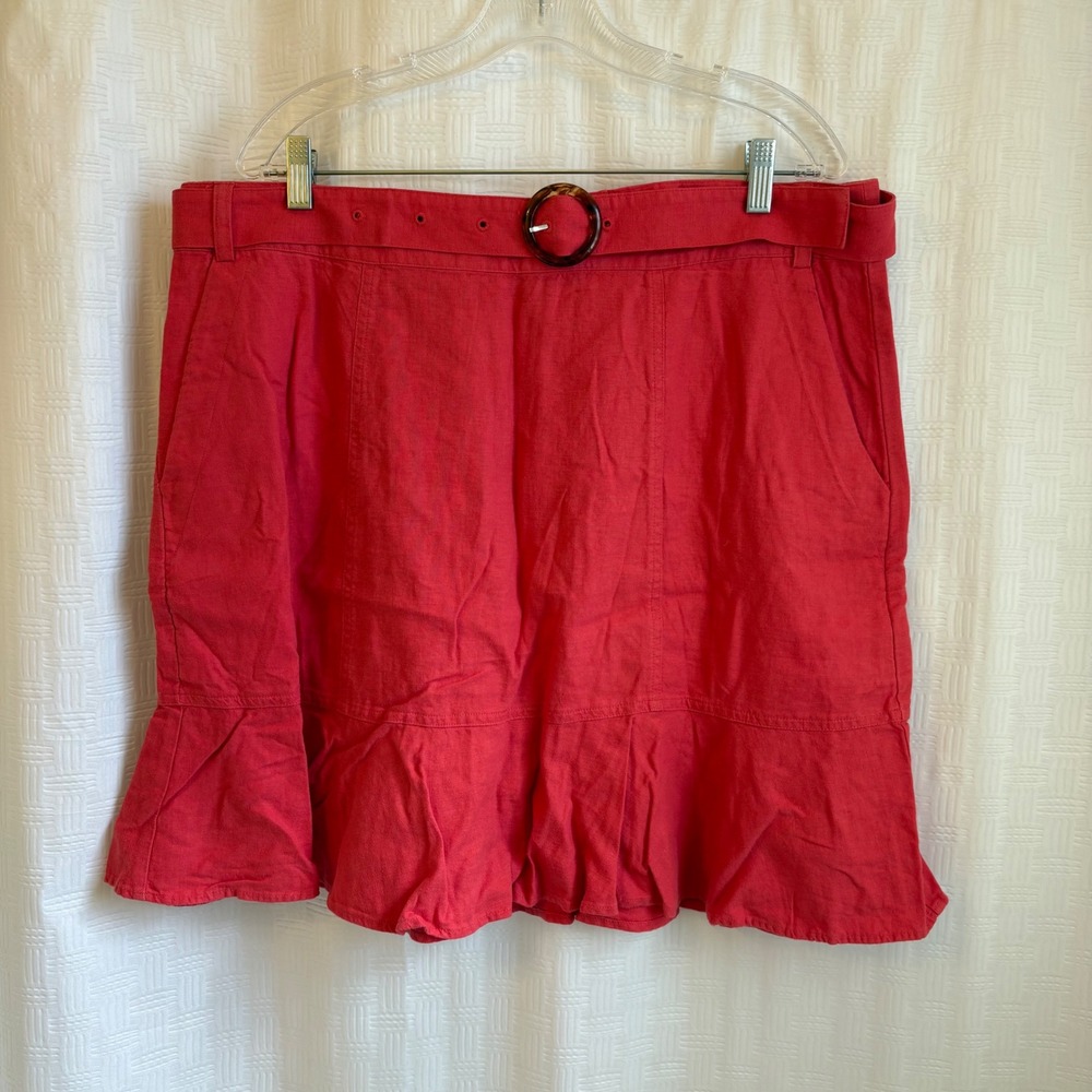 Loft Outlet Red Linen Blend Flounce Hem Belted Mini Skirt Womens 16 NWT